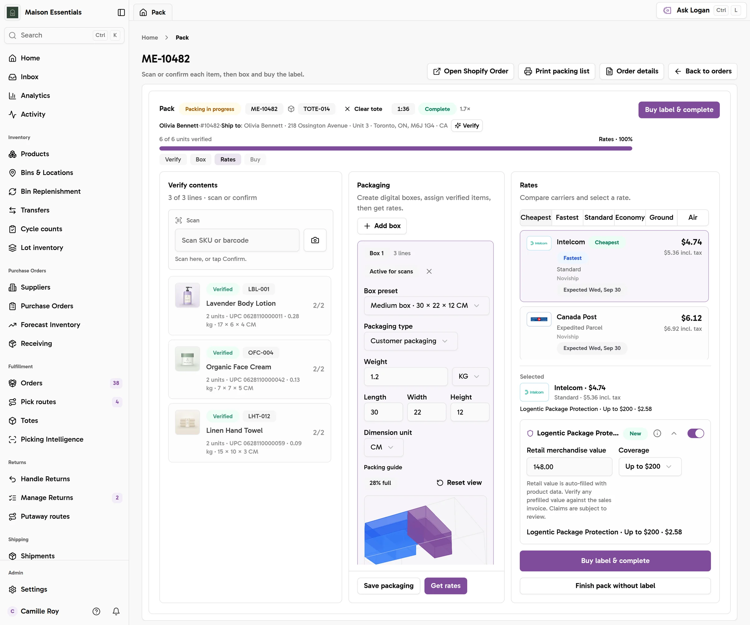 The pack screen in Logentic: each item verified by scan, the box and packaging chosen, and carrier rates compared before the label is bought